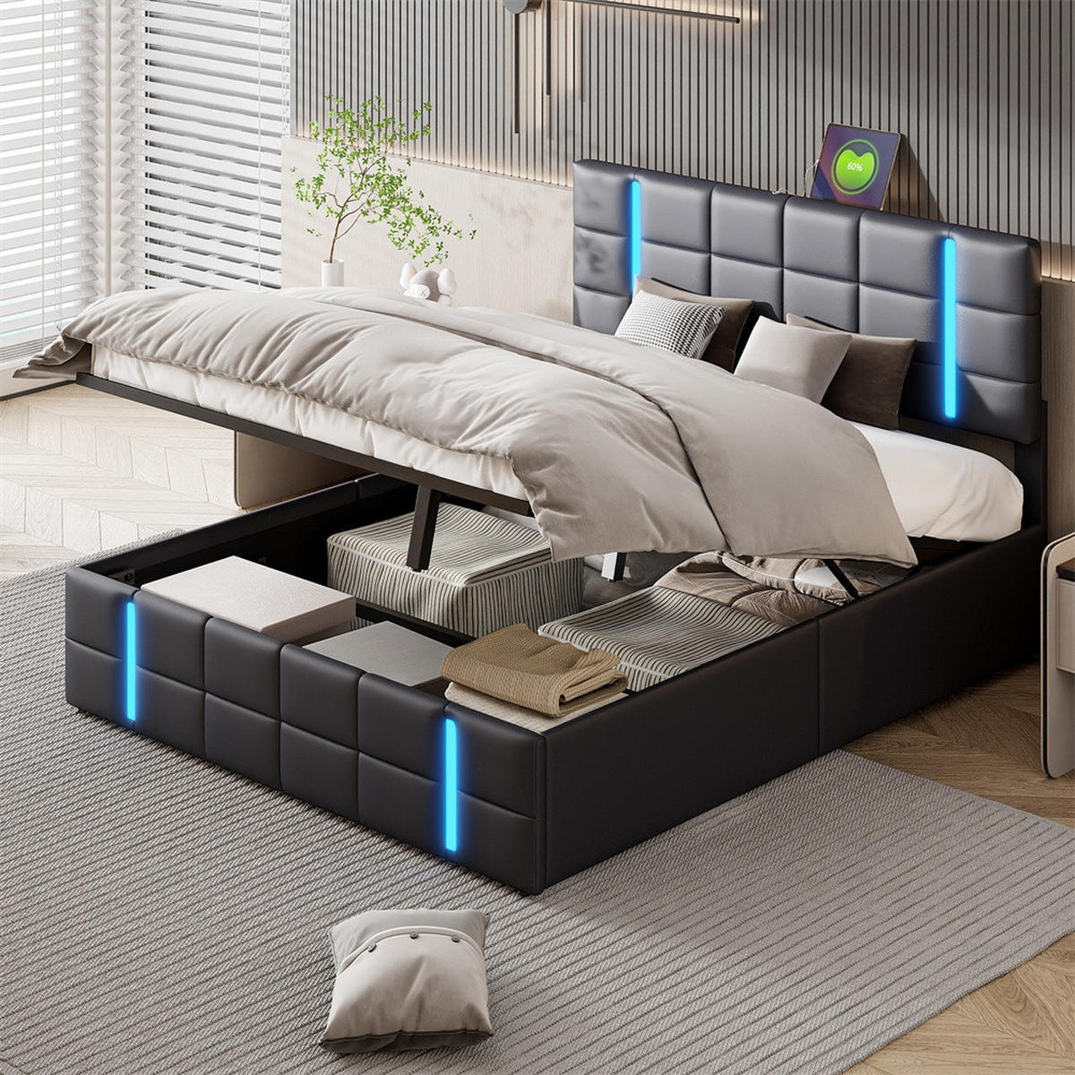 POLSTERBETT 140x200 cm mit LED-Beleuchtung , 2 USB-Ports und hydraulischem Stauraum - ohne Matratze - Schwarz, Textil (140/200cm) - DELFA