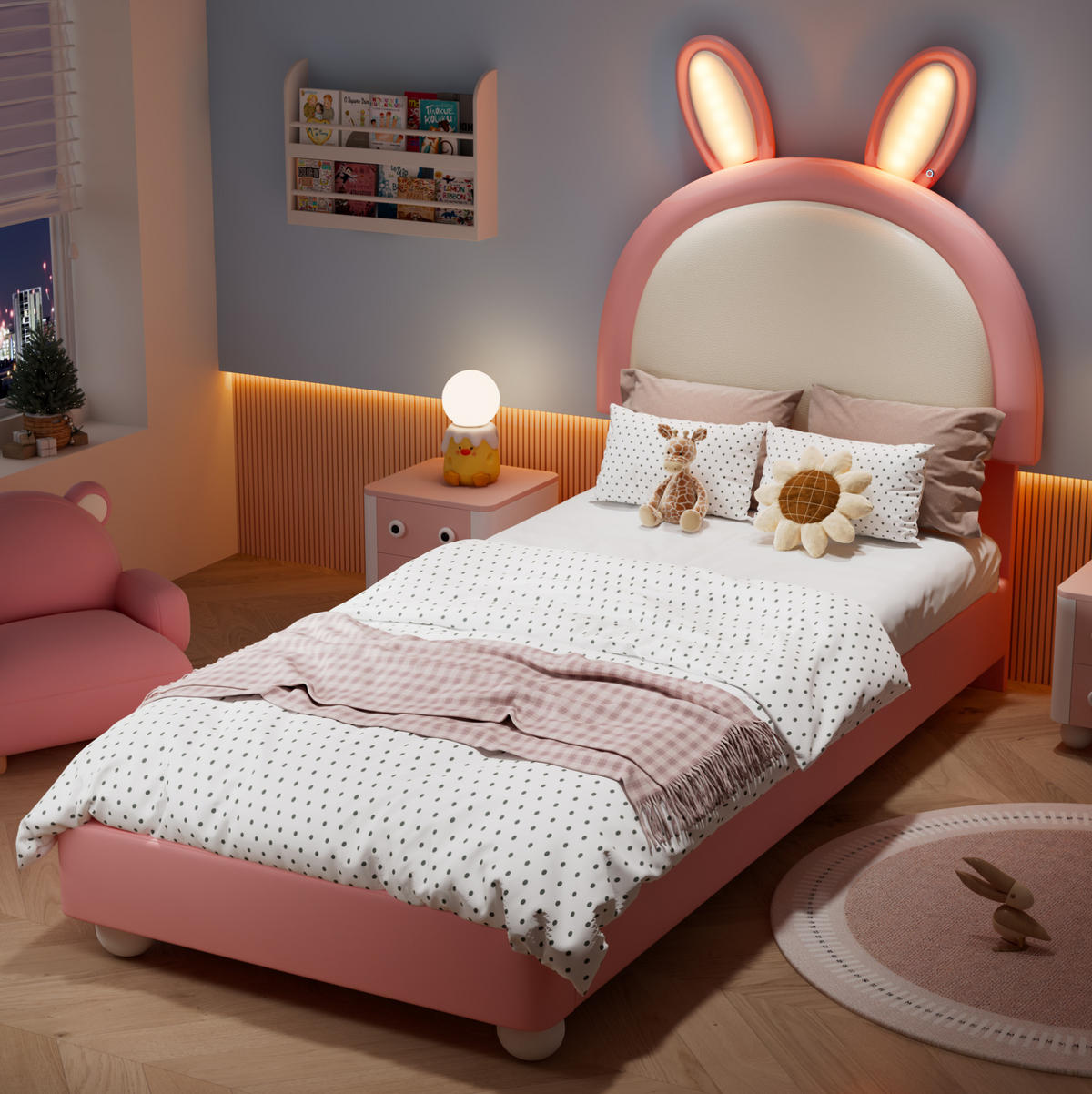 KINDERBETT aus PU und Sperrholz 90x200 cm Rosa und Weiß mit LED-Lichtleiste, Hasen-Kopfteil und Schutzkante - Weiß, Kunststoff (90/200cm) - Modfu