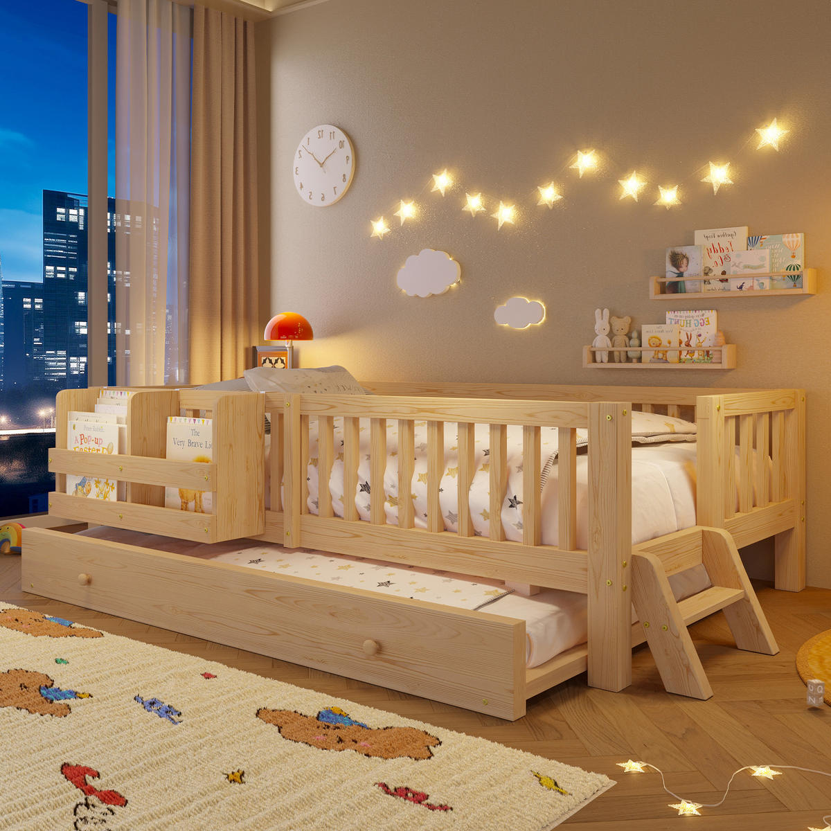 KINDERBETT 90/200 cm in Natur mit Ausziehbett und Regal Massivholz Skandi-Design - Naturfarben, Holzwerkstoff (90/200cm) - STILVORA