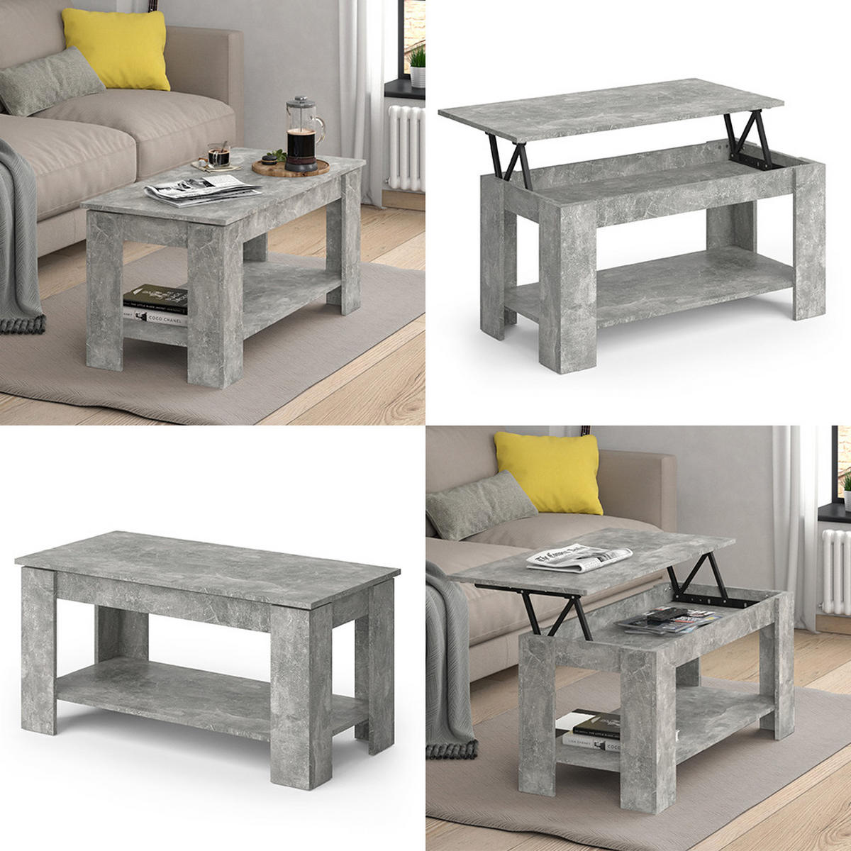 COUCHTISCH Lorenz Beton 100 x 50 cm mit Liftfunktion - Grau, Holzwerkstoff (50/100/50cm) - Vicco