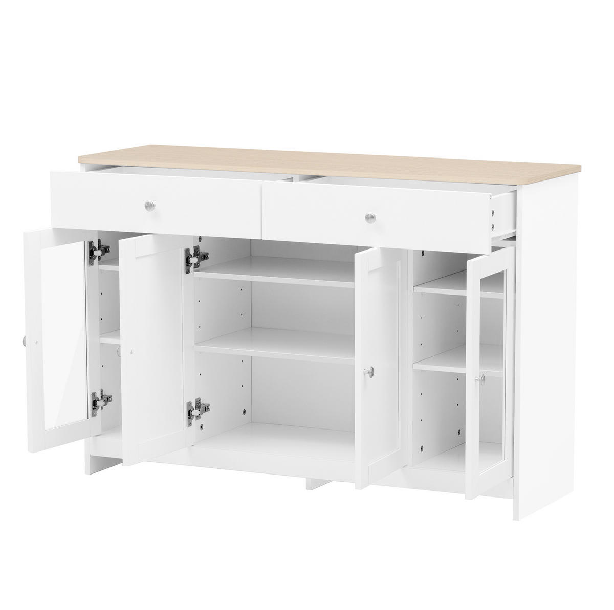 SIDEBOARD 120/37/80 cm mit 4 Türen, 2 Schubladen & Glaseinsatz im Landhausstil - Weiß, Holzwerkstoff (120/80/37cm) - BEAOK