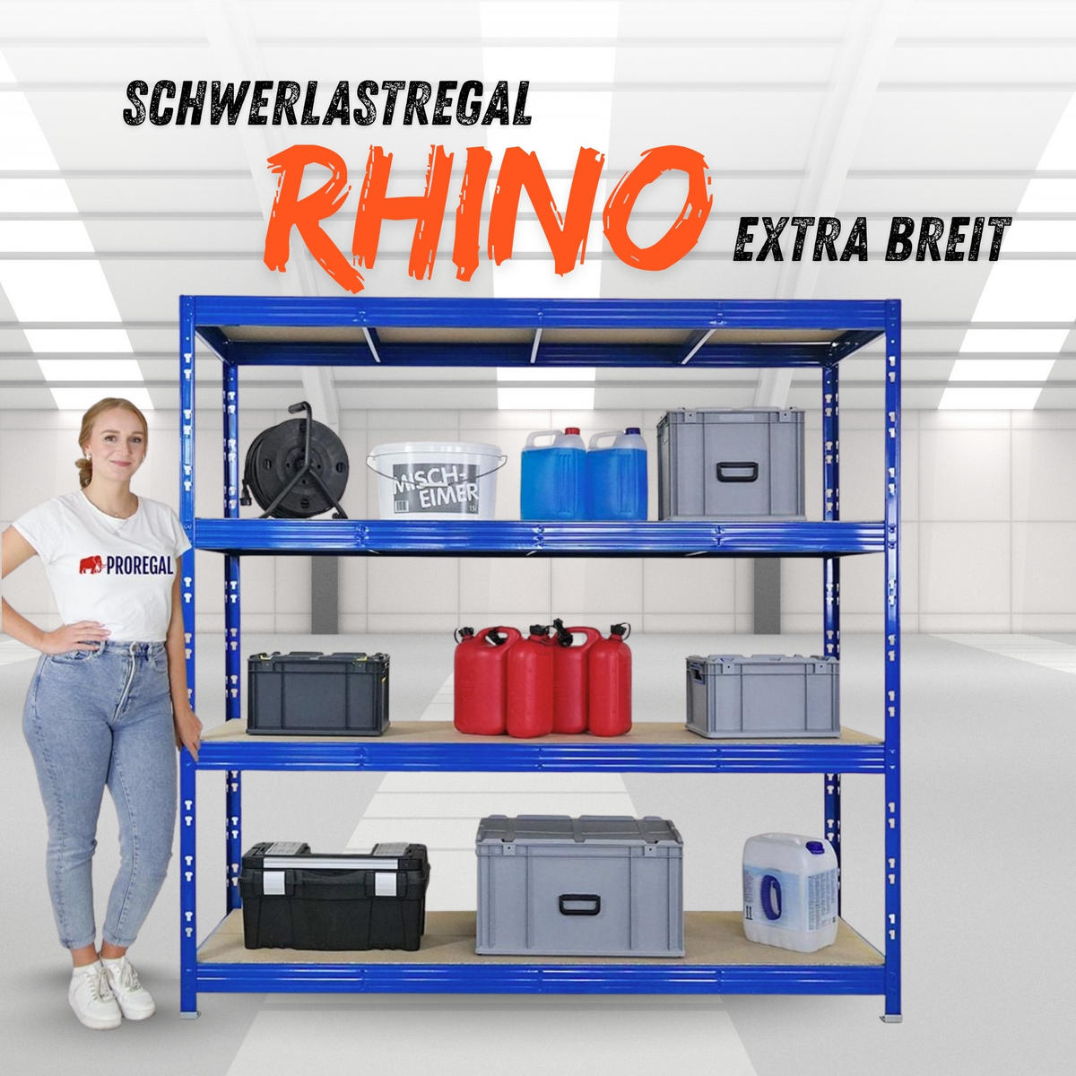 SCHWERLASTREGAL Rhino 200x200x60 cm 4 Spanplatten-Ebenen 16mm Fachlast 500 kg Blau - Blau, Metall (200/200/60cm) - PROREGAL