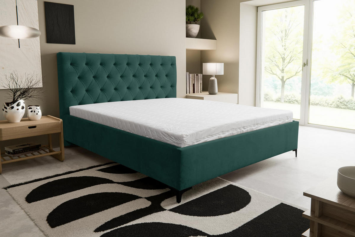 POLSTERBETT CHESTERFIELD mit Bettkasten Velour Stoff 180 x 200 cm - Grün, Holzwerkstoff (180/200cm) - VENASI MÖBEL