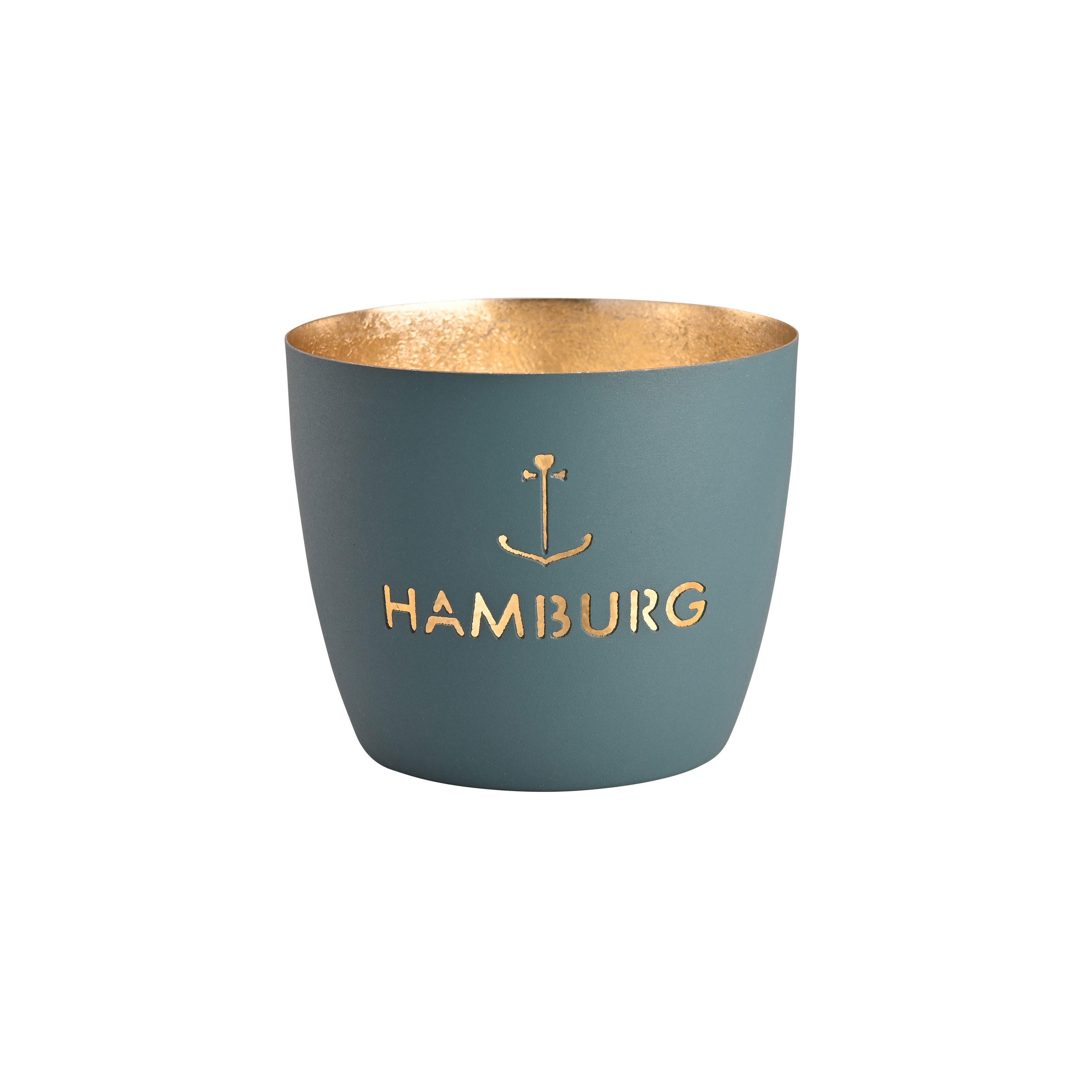 TEELICHTHALTER Madras Hamburg Anker M, Eisen, windsor blue / Gold, H 8.5 cm - Blau, Metall (9cm) - Gift Company