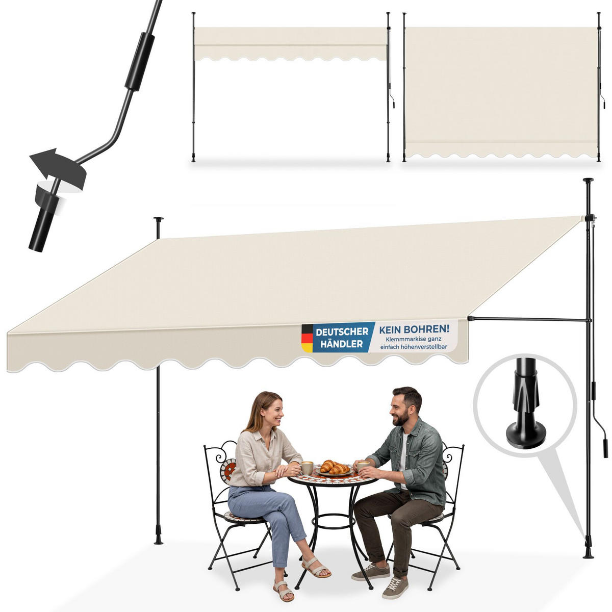 KLEMMMARKISE MIT HANDKURBEL , wasserabweisend, beige - Beige, Textil (350/304/180cm) - tectake