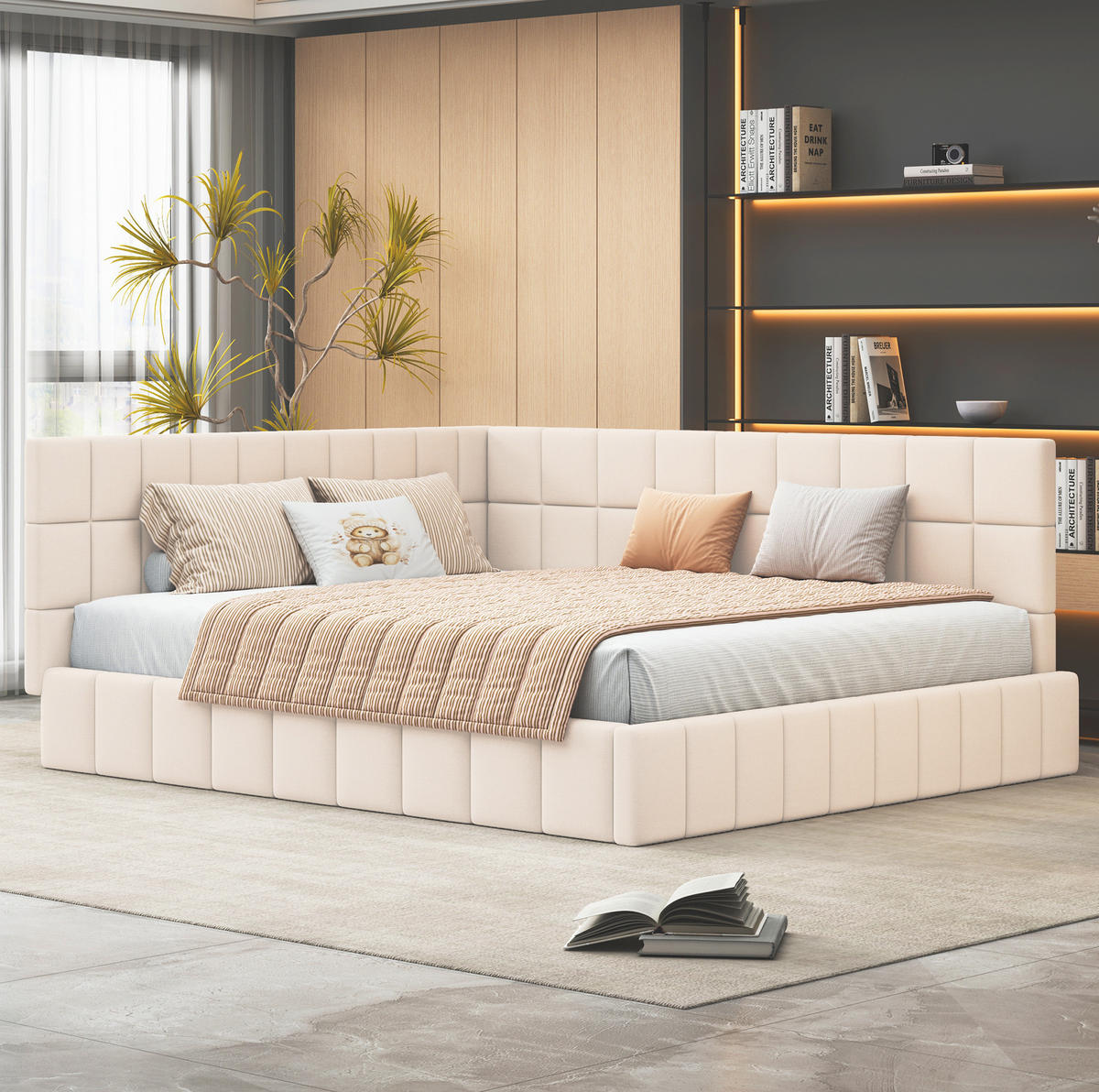 POLSTERBETT 160/200 cm beige aus Stoff mit umbaubarer Rückenlehne - Beige, Textil (160/200cm) - OKWISH