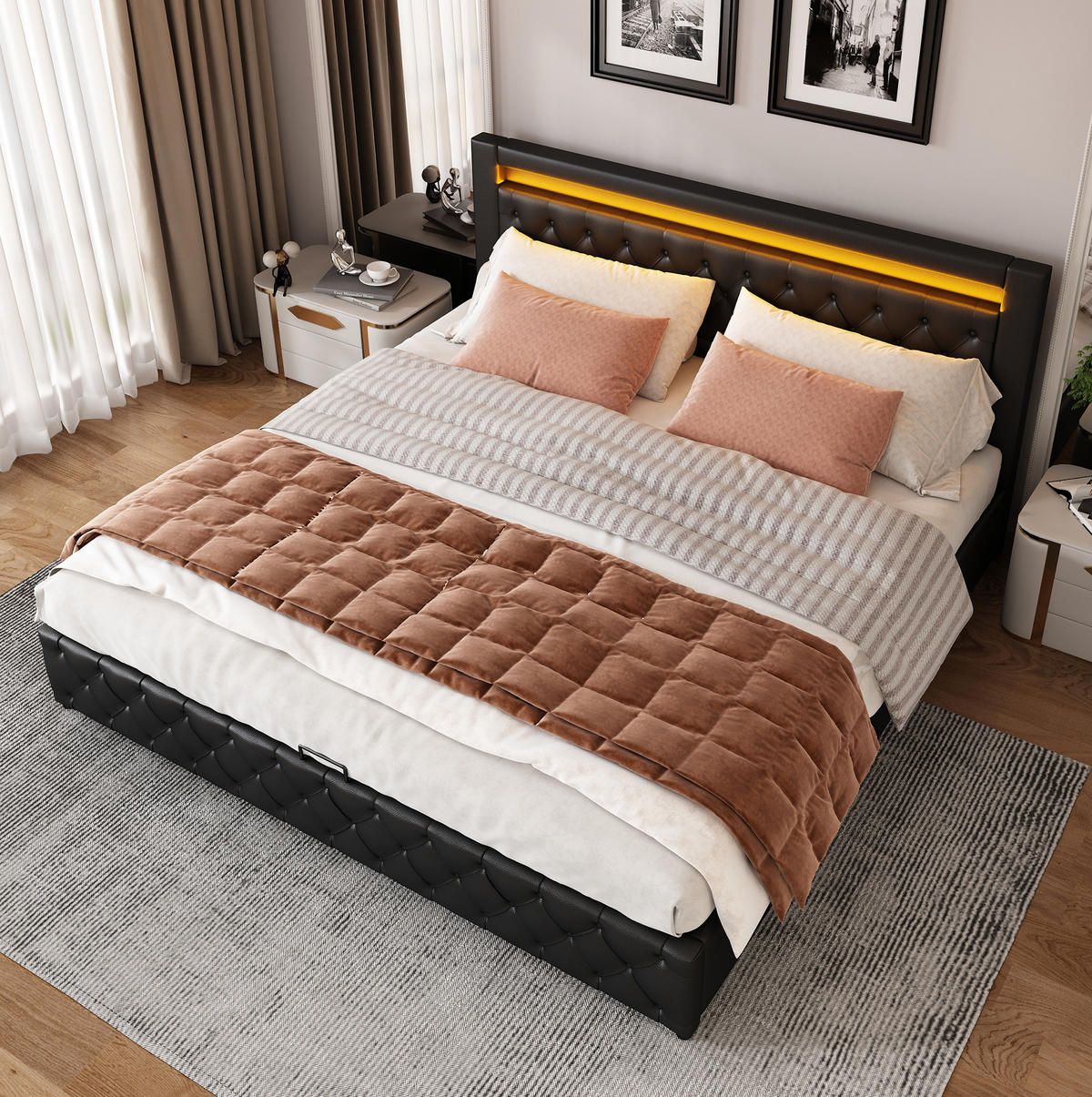BETT mit Bettkasten und LED 140x200 cm PU Schwarz - Schwarz, Metall (140/200cm) - Meubliv