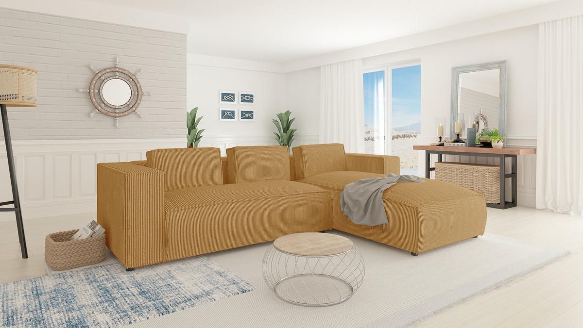 ECKSOFA Nova Honig Cord, Ottomane rechts - Schwarz/Honig, Holz/Kunststoff (262/176cm) - S-Style Möbel