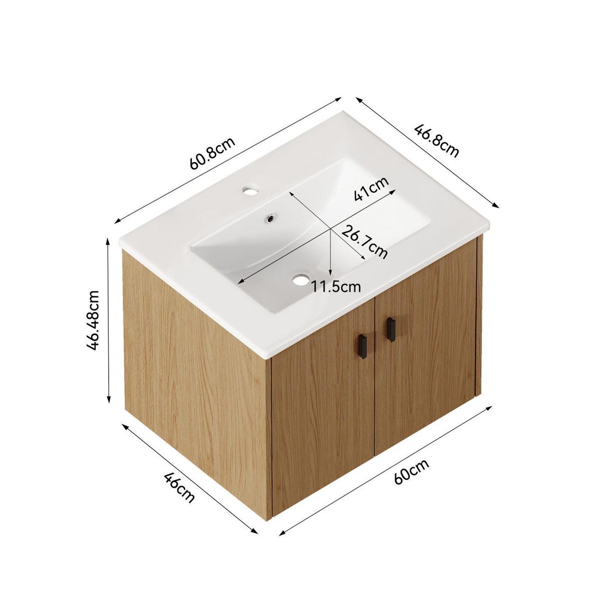 BADEZIMMERSCHRANK 60 cm Hell Eiche mit 2 Türen - Eichefarben, Holzwerkstoff (46.8/46.48/60.8cm) - Beauniv