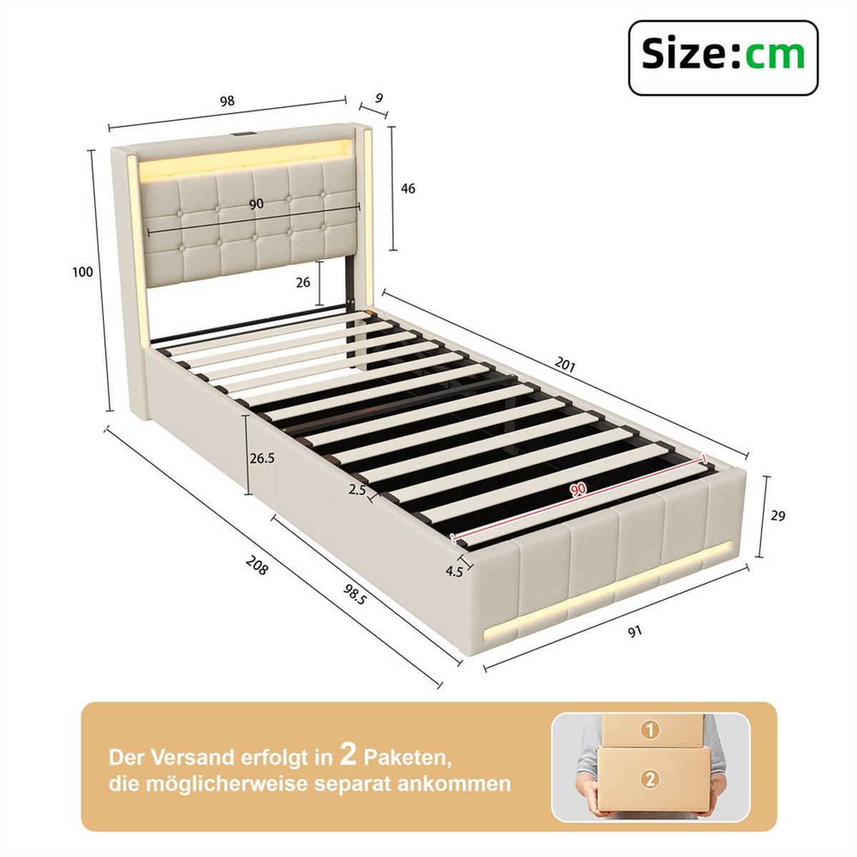 POLSTERBETT 90 x 200 cm mit LED-Beleuchtung an Kopfteil & Fußteil, Ladestation & hydraulischem Stauraum - Beige - Beige, Textil (90/200cm) - DELFA