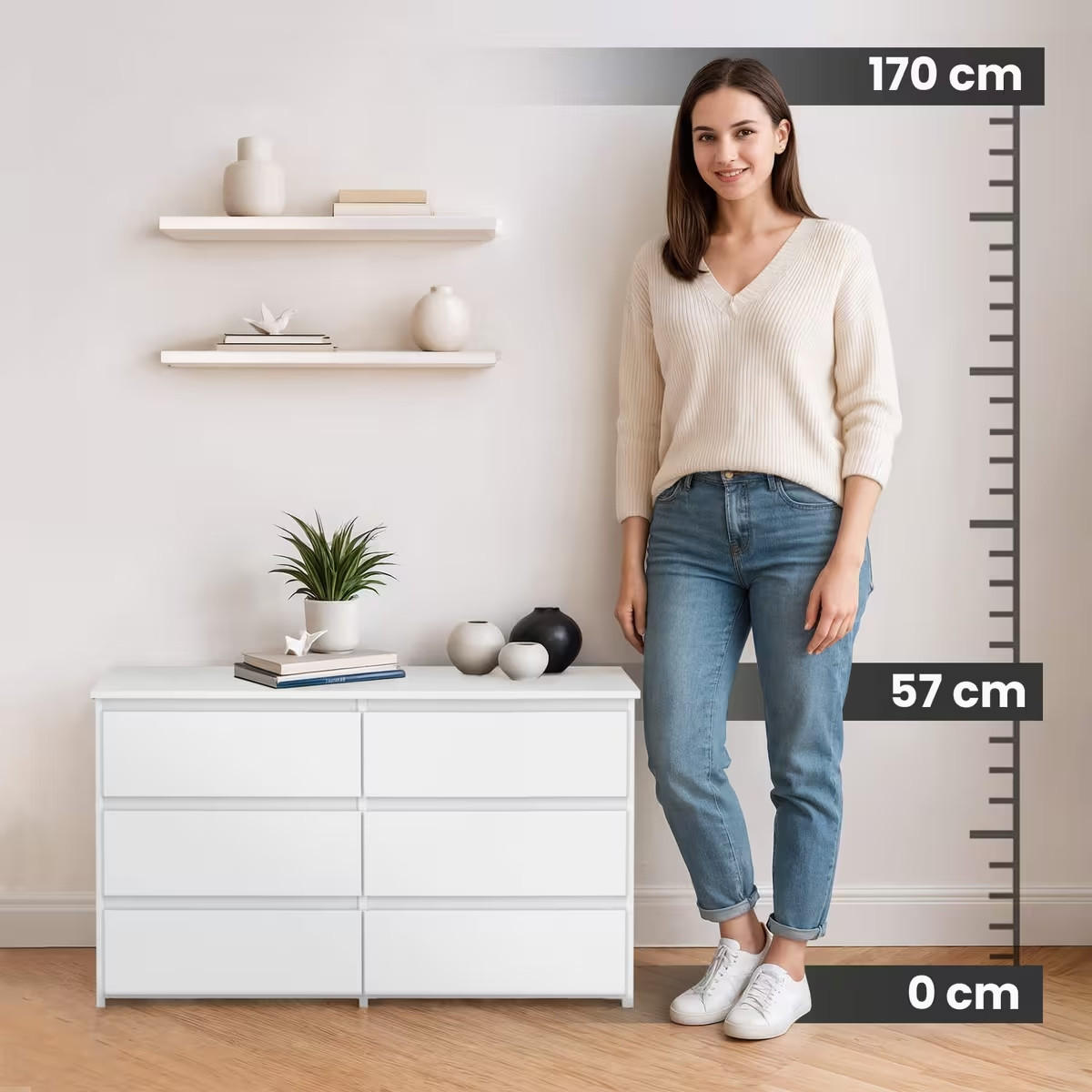 KOMMODE CL100 6 Schubladen, Weiß, 35x100x57 cm - Weiß, Holz (100/57/35cm) - Milordbikes