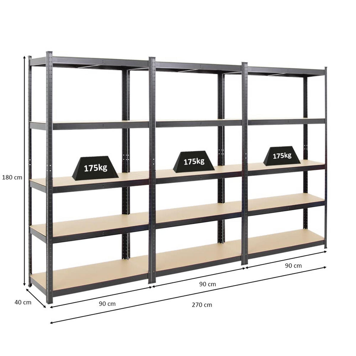 SCHWERLASTREGAL Ragnar 3er-Set mit 3x 180x90x40 cm Fachlast 175 kg Schwarz - Schwarz, Metall (270/180/40cm) - PROREGAL