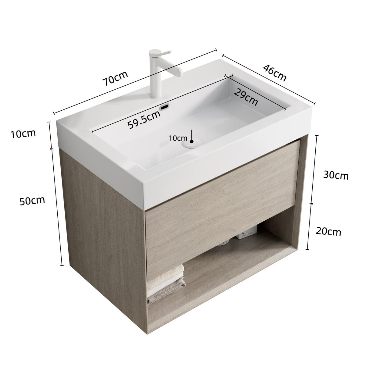 WASCHTISCHKOMBI 70 cm in Eiche mit Mineralwerkstoffbecken und Soft-Close-Schublade - Eichefarben, Kunststoff (70/60/46cm) - BEAOK