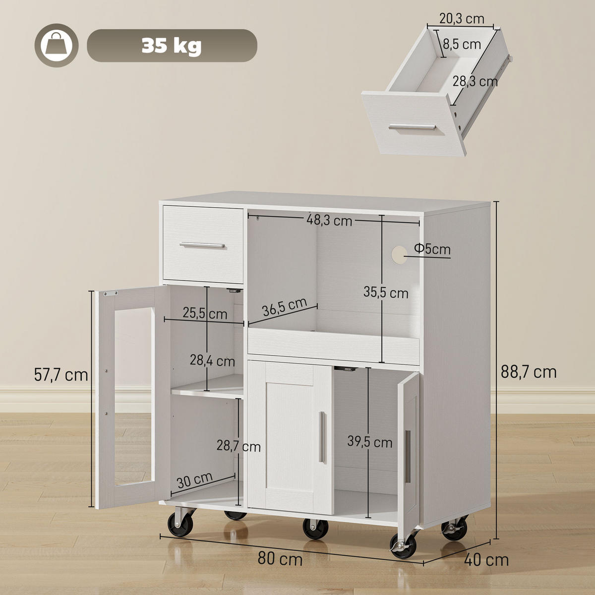 KÜCHENWAGEN mit Ausziehbarem Tablett Weiß - Silberfarben/Weiß, Holzwerkstoff/Metall (40/88.7/80cm) - HOMCOM