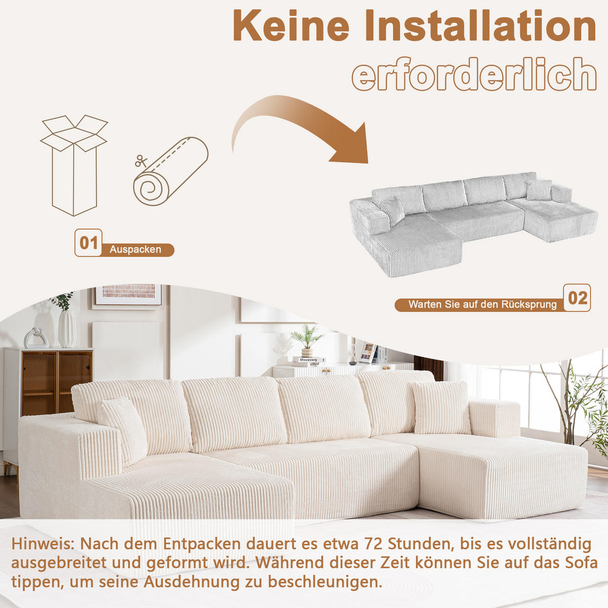 WOHNLANDSCHAFT Cord Weiß mit Schlaffunktion und Kissen - Weiß, Textil (332/88/156cm) - WISHDOR