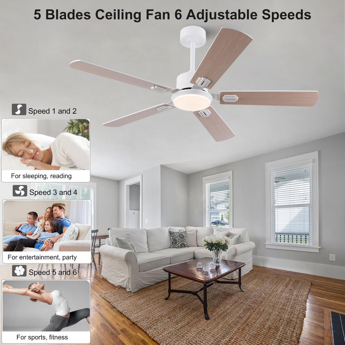 DECKENVENTILATOR 52Zoll LED Licht 5 Flügel Doppelfinish Weiß Holz - Weiß, Kunststoff (132/132/45cm) - CASIVA