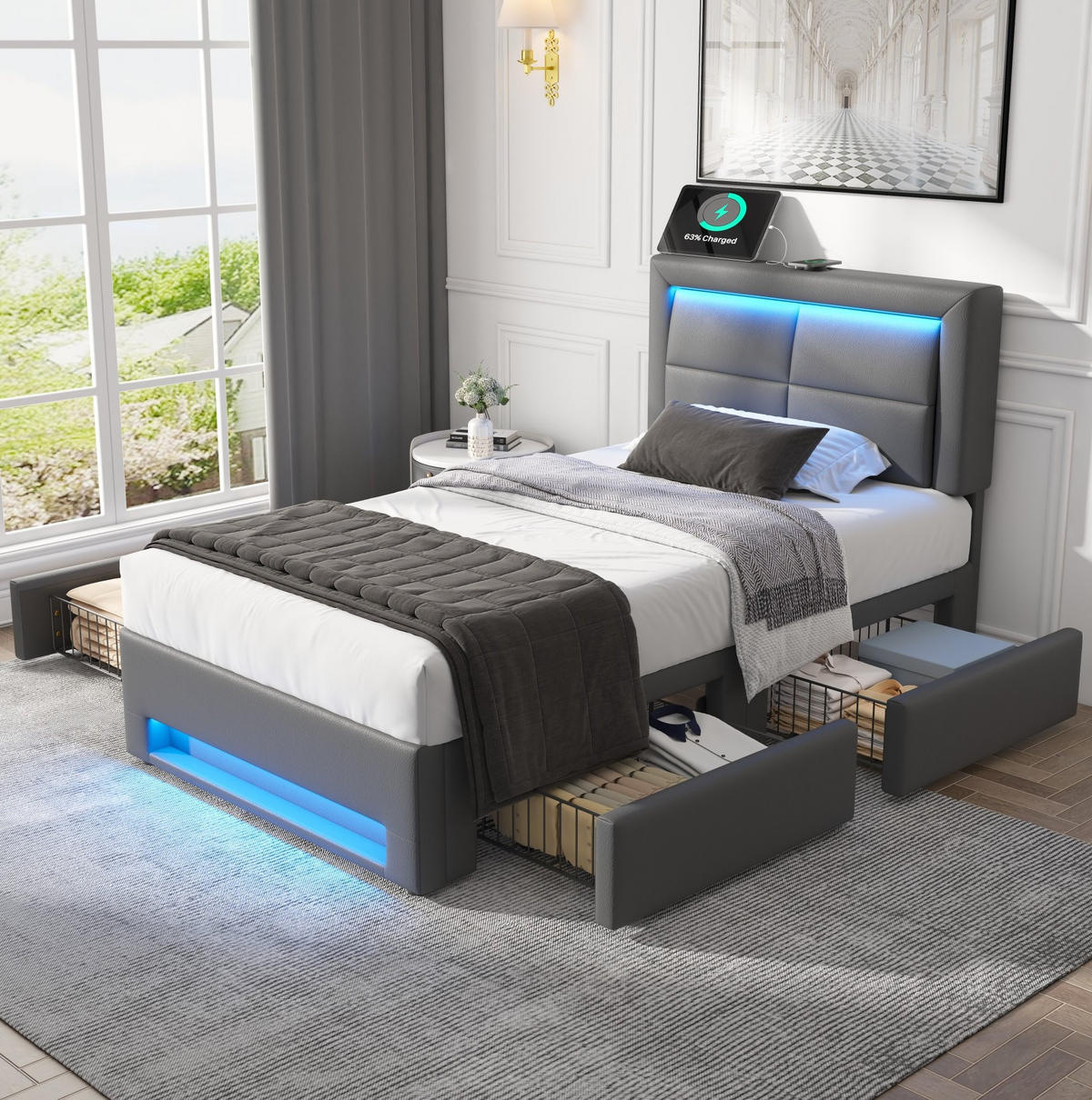 POLSTERBETT mit LED, USB und 4 Schubladen 90x200 cm PU Grau - Grau, Metall (90/200cm) - Meubliv