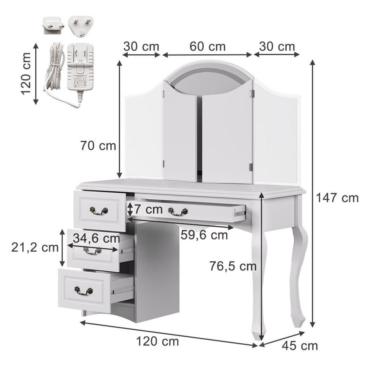 SCHMINKTISCH Belle Weiß 120 cm mit dimmbarer LED-Beleuchtung - Weiß, Holzwerkstoff (120/147/45cm) - Vicco