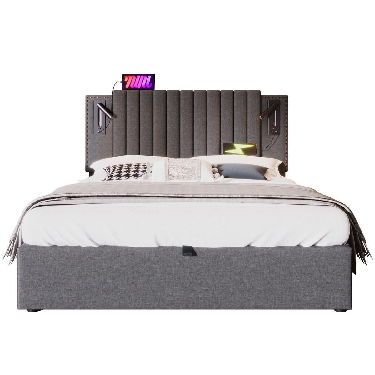 POLSTERBETT 160/200 cm in Grau mit Bettkasten, LED und USB/Type-C Baumwolle - Grau, Holzwerkstoff/Textil (160/200cm) - CHICFURN