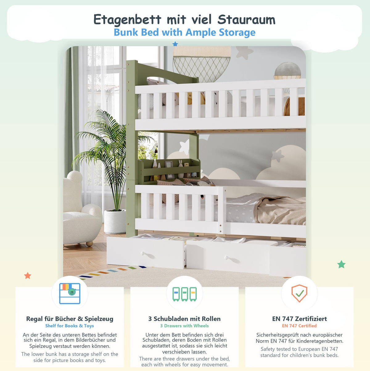 ETAGENBETT aus Kiefernholz 90x200 cm Weiß/Grün mit 3 Schubladen und seitlichem Regal - Weiß, Holz (90/200cm) - Modfu