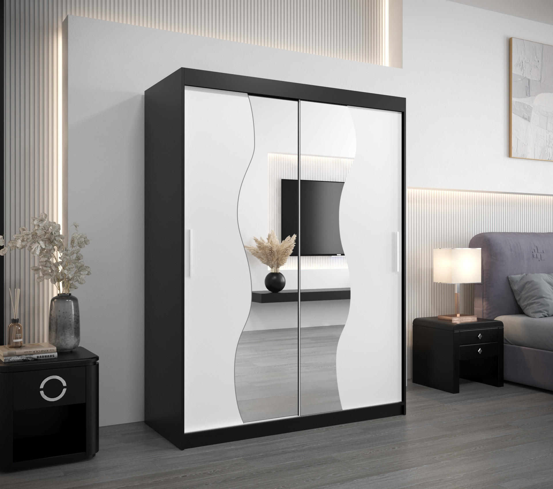 SCHWEBETÜRENSCHRANK 200/150/62 2-türig - Silberfarben/Schwarz, Holz/Kunststoff (150/200/62cm) - MÖBEL KRYSPOL