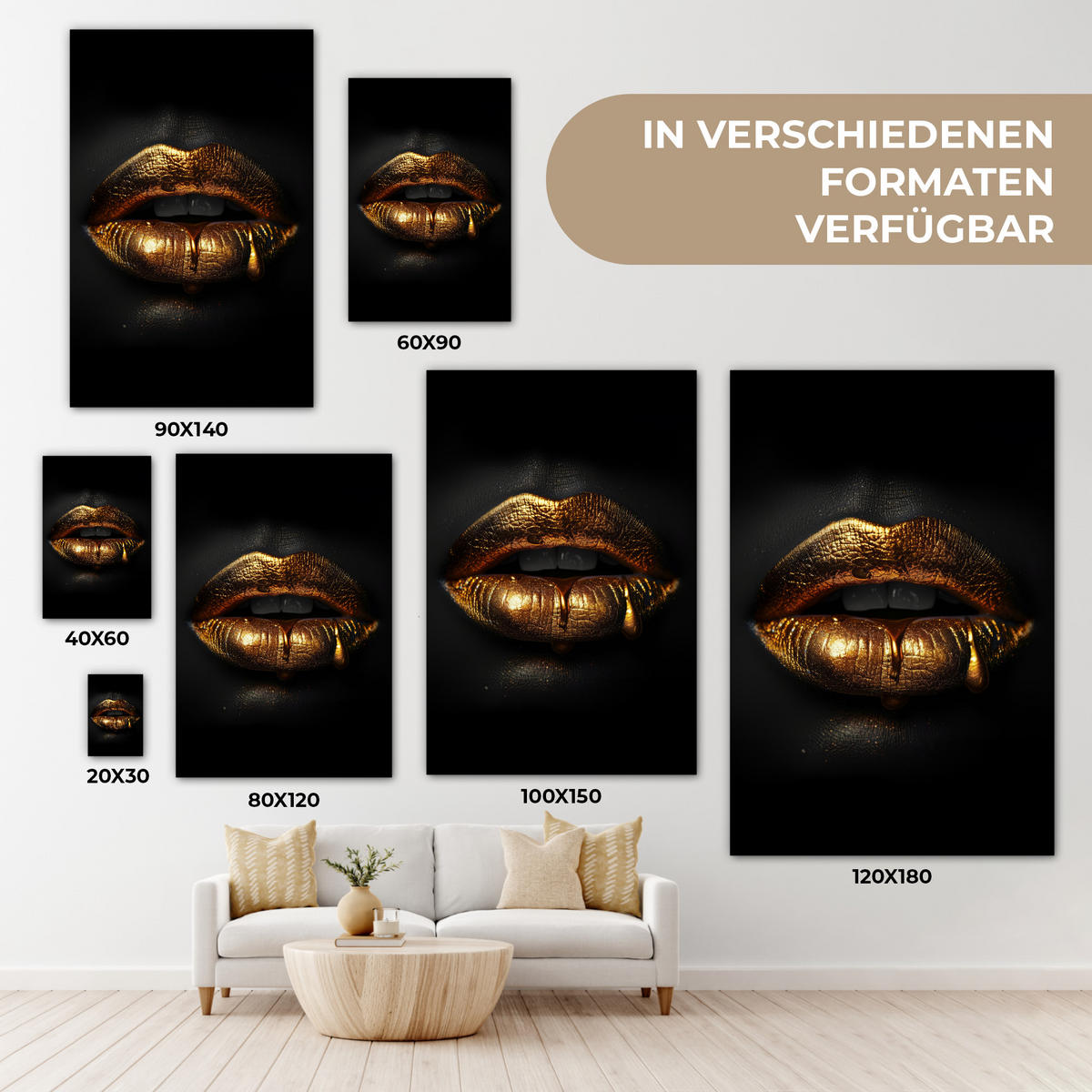 LEINWANDBILD Frau - Porträt - Lippen - Gold - Schwarz 60x90 cm - Schwarz, Textil (60/90cm) - MuchoWow