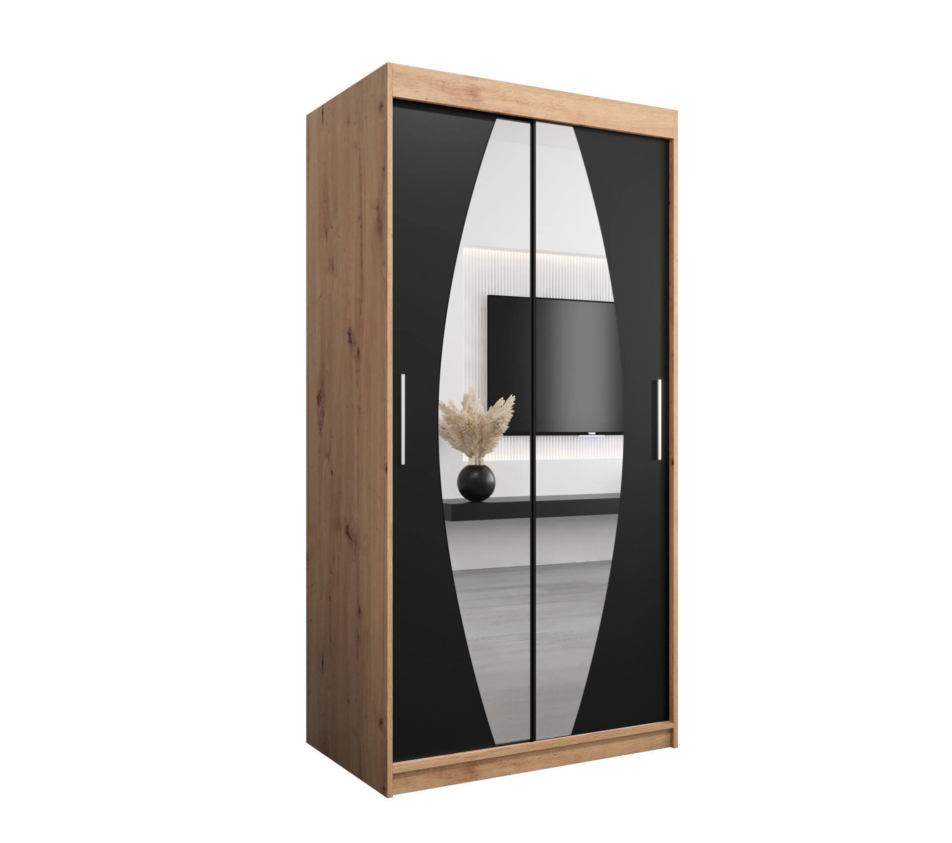 Abiks Möbel Schwebetürenschrank Eiche Artisan, Schwarz 100x200x62 cm