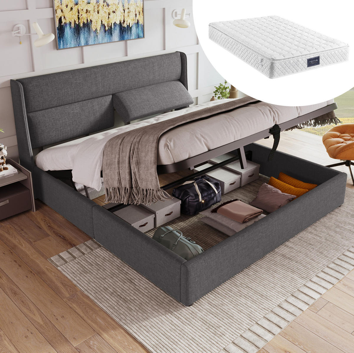 POLSTERBETT 160/200 cm Grau aus Leinen mit verstellbaren Kopfstützen und Stauraum - Grau, Textil (160/200cm) - OKMYHOME