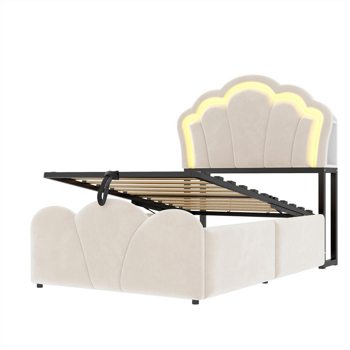 POLSTERBETT 90x200 cm mit hydraulischem Stauraum - LED Beleuchtung & Ladeanschluss - Beige - ohne Matratze - Beige, Textil (90/200cm) - DELFA