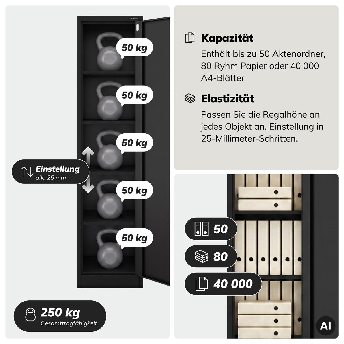 AKTENKABINETT ALEX D600 - Schwarz, Metall (45/185/60cm) - Jan Nowak