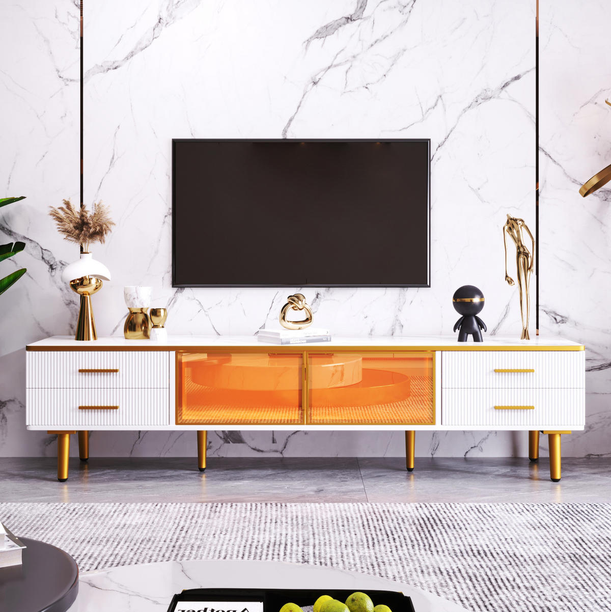 TV-LOWBOARD aus Spanplatte 170x37x47,5 cm Weiß in Marmoroptik mit LED-Beleuchtung, 4 Schubladen und 2 Glastüren - Weiß, Holzwerkstoff (170/47.5/37cm) - Modfu