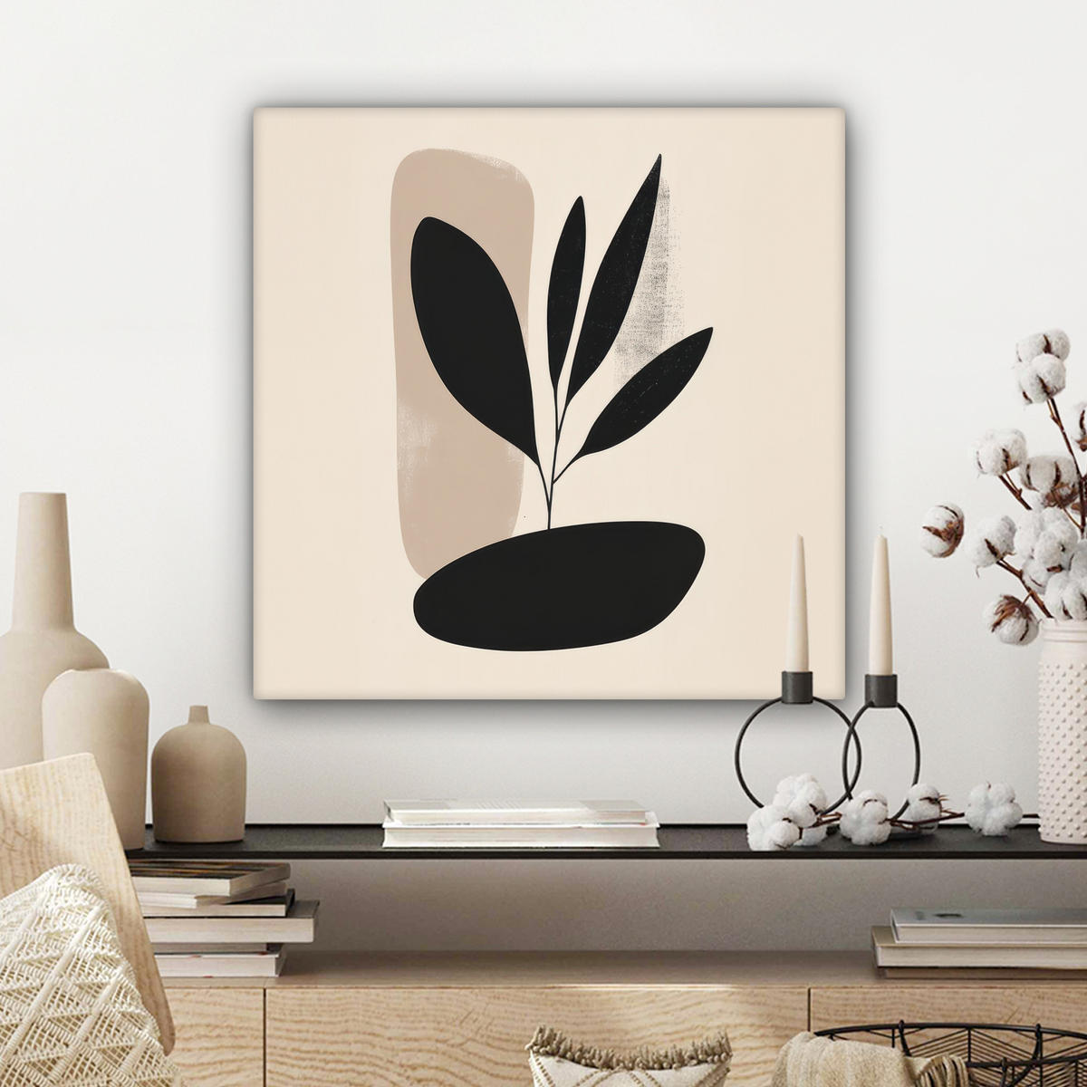 LEINWANDBILD Pflanze - Beige - Japanisch Wandbild Wohnzimmer 50x50 cm - Schwarz, Textil (50/50cm) - MuchoWow