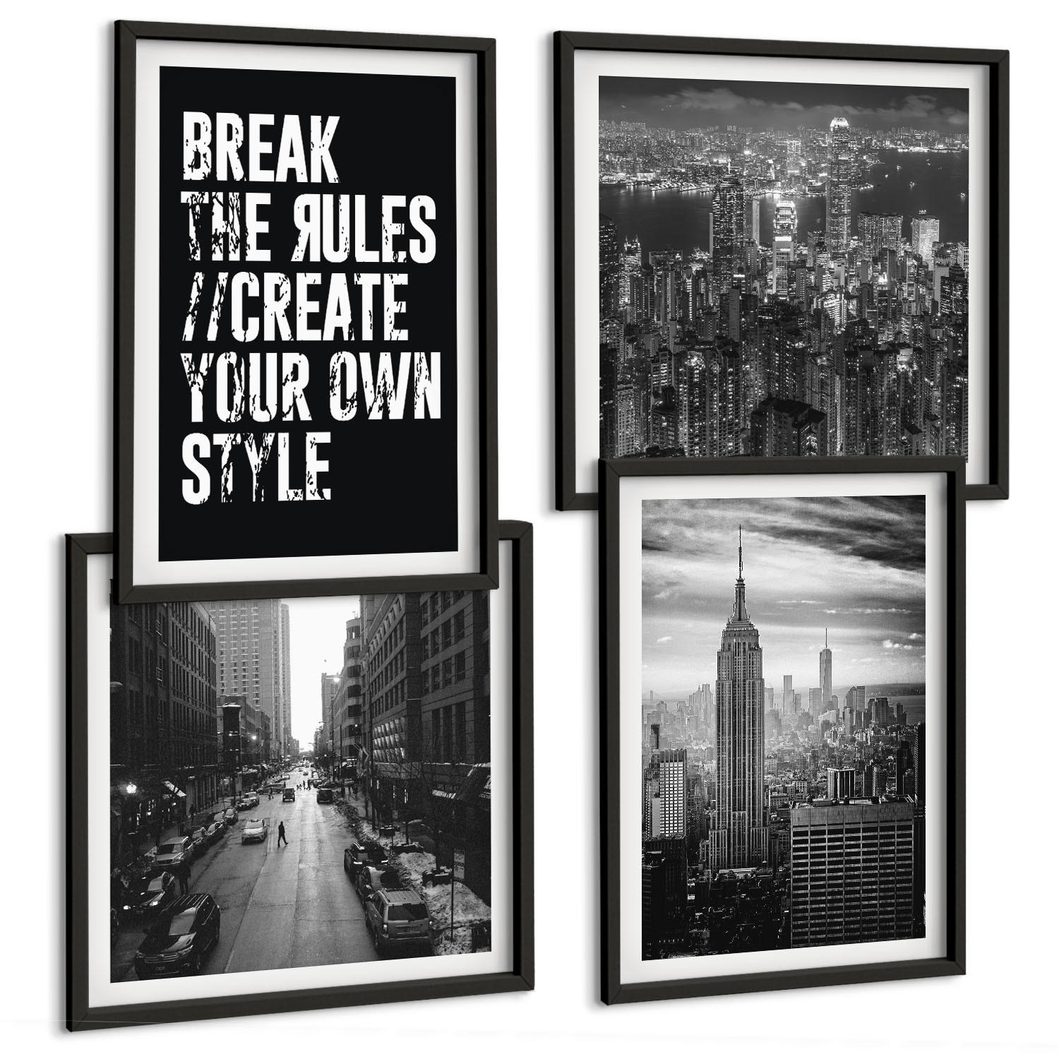 BILDER SET 4er Set - 50x50 cm & 40x60 cm Schwarzer Rahmen - Inspiration für Schwarz-Weiß-Darstellungen von Stadtstraßen - Schwarz, Kunststoff (50/50cm) - TULUP