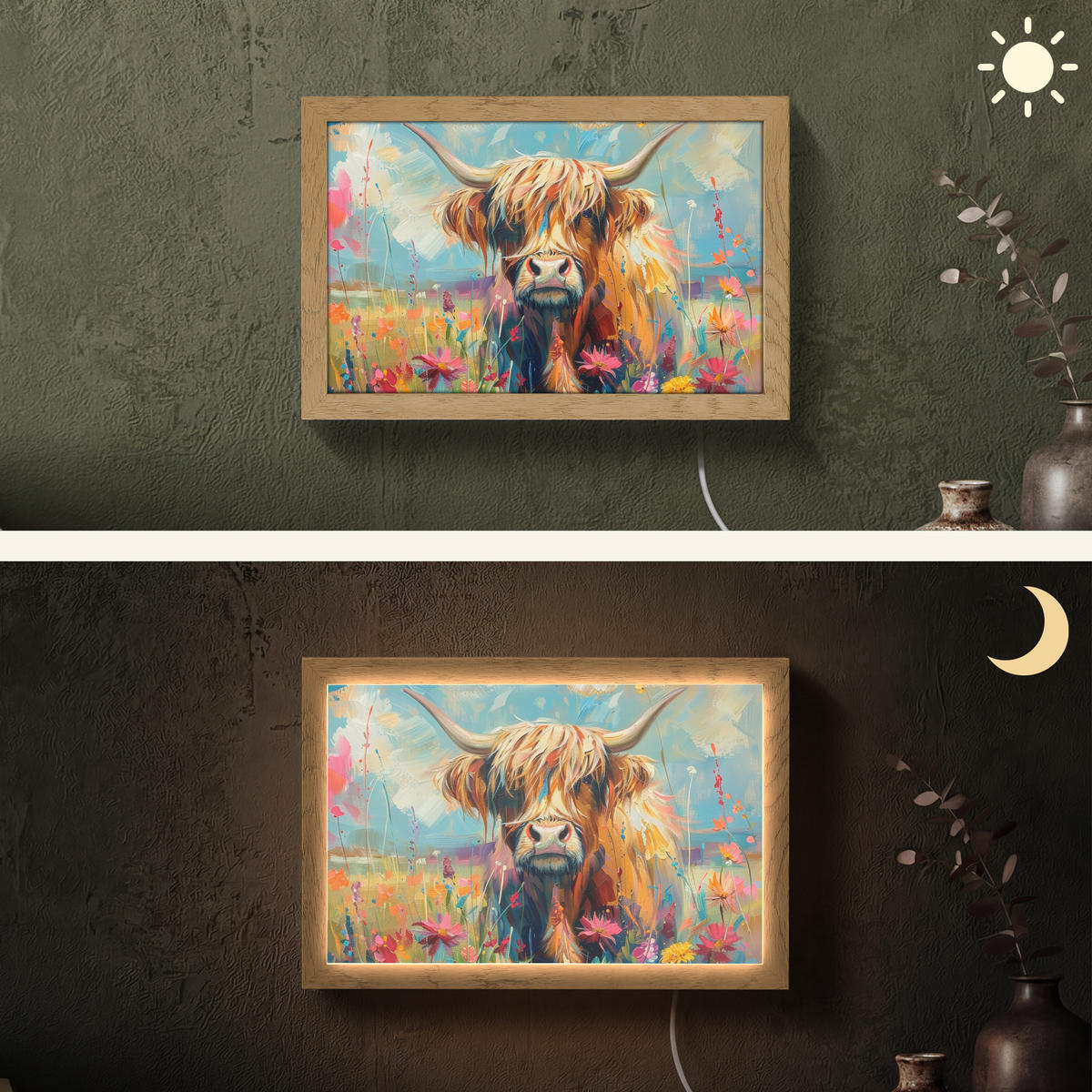 NÁSTĚNNÁ LAMPA Skotský horal - Příroda - Barevné - Květiny 30x20 cm - různobarevná, kompozitní dřevo (30/20/8cm) - OnlyWow