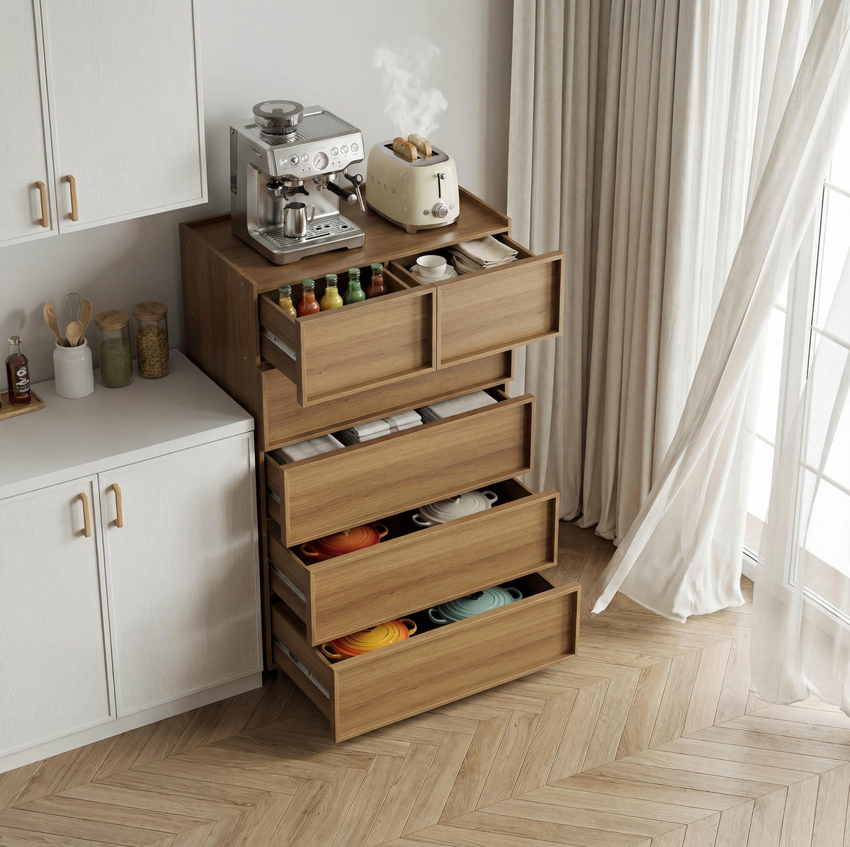 KOMMODE 80/48/127 cm in Eichefarben mit 6 Schubladen und griffloser Front - Nussbaumfarben, Holzwerkstoff (80/127/48cm) - Flora Grace