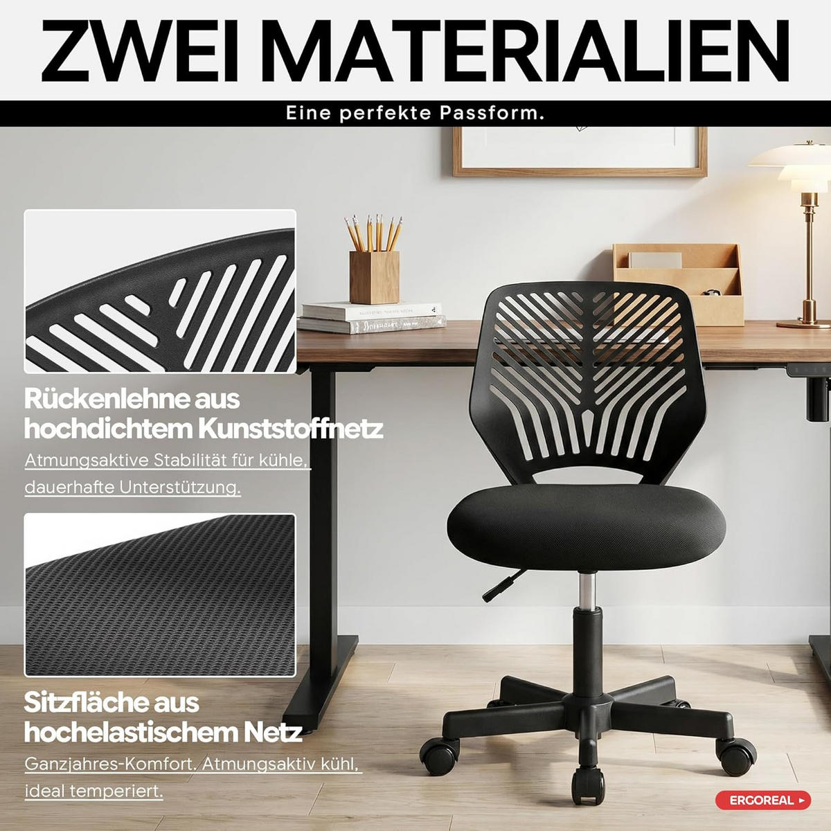 BÜROSTUHL Ergonomischer ohne Armlehne, mit Rollen & Höhenverstellung - Schwarz, Metall (55/79/55cm)