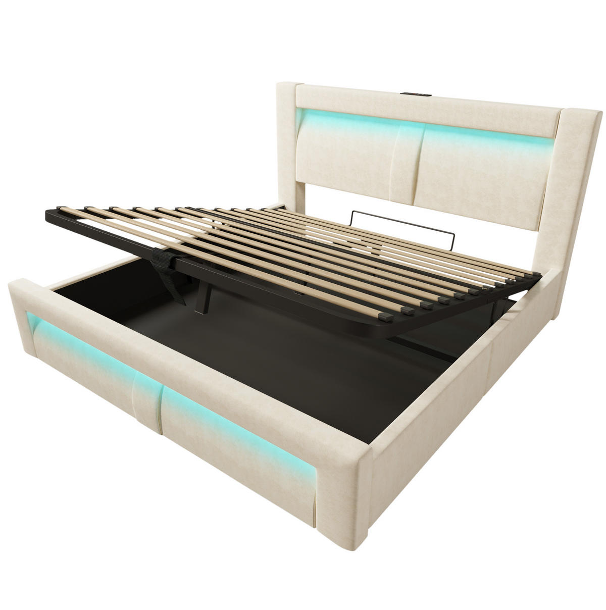 SAMT-POLSTERBETT 160/200 cm mit Bettkasten, LED-Beleuchtung und Ladefunktion - Beige, Textil (160/200cm) - BEAOK