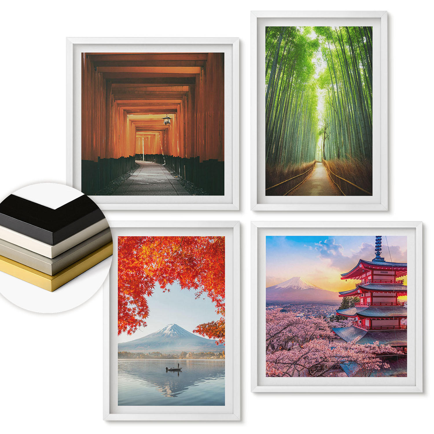 WANDBILDER 4er-Set - 50x50 cm & 40x60 cm Weißer Rahmen - Fuji-Torii-Bambuswald, Japan - Weiß, Kunststoff (50/50cm) - ArtPrintCave