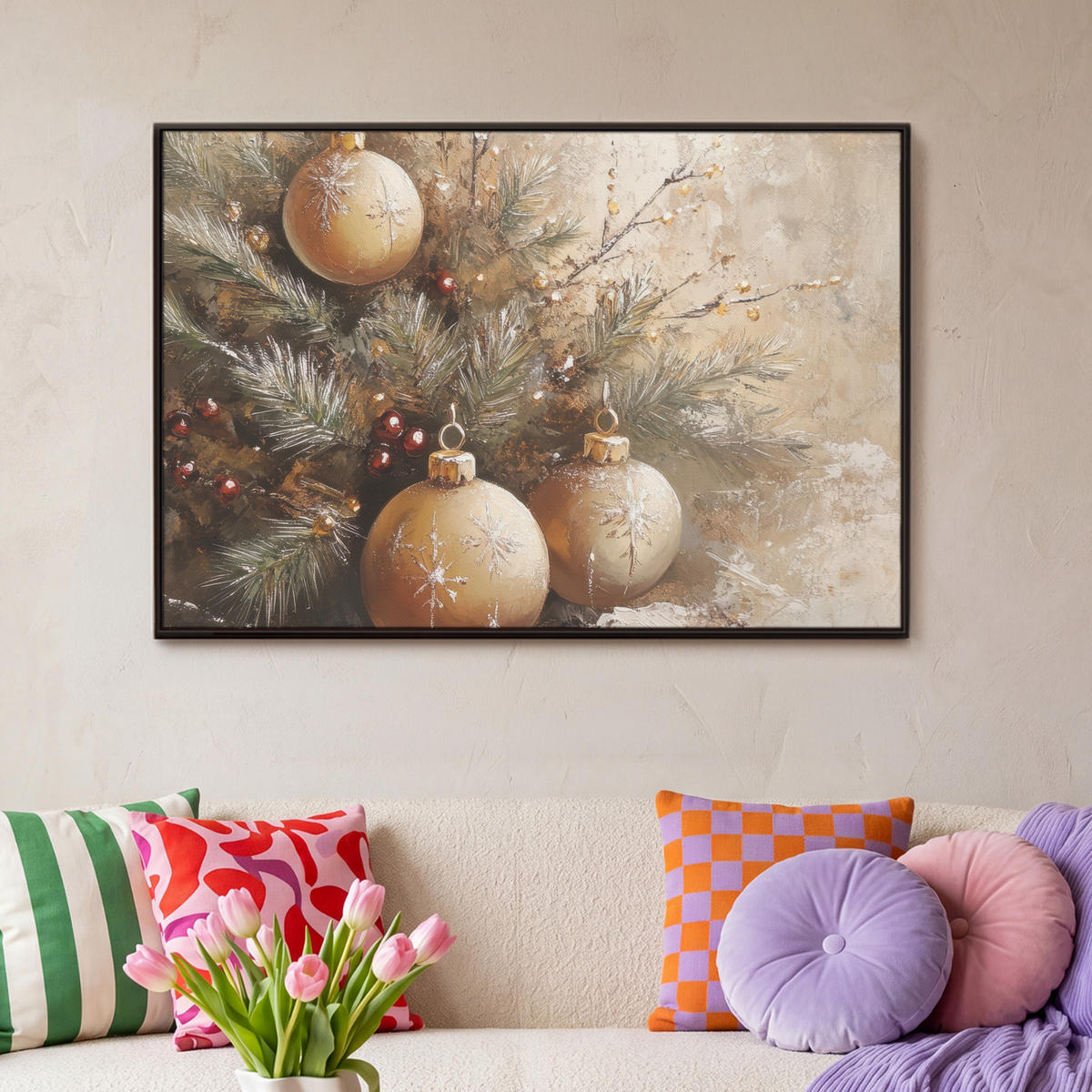 LEINWAND Bilder mit Rahmen - Weihnachten - Kugeln - Beige - Gold - 90x60 - Goldfarben, Textil (90/60cm) - MuchoWow