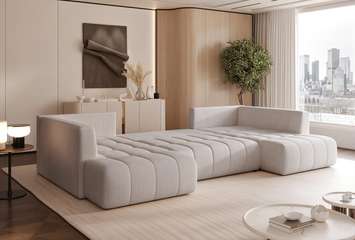 WOHNLANDSCHAFT STONE mit Schlaffunktion und Bettkasten, Stoff Hellgrau - Hellgrau, Kunststoff/Textil (350/91/190cm) - Idohome