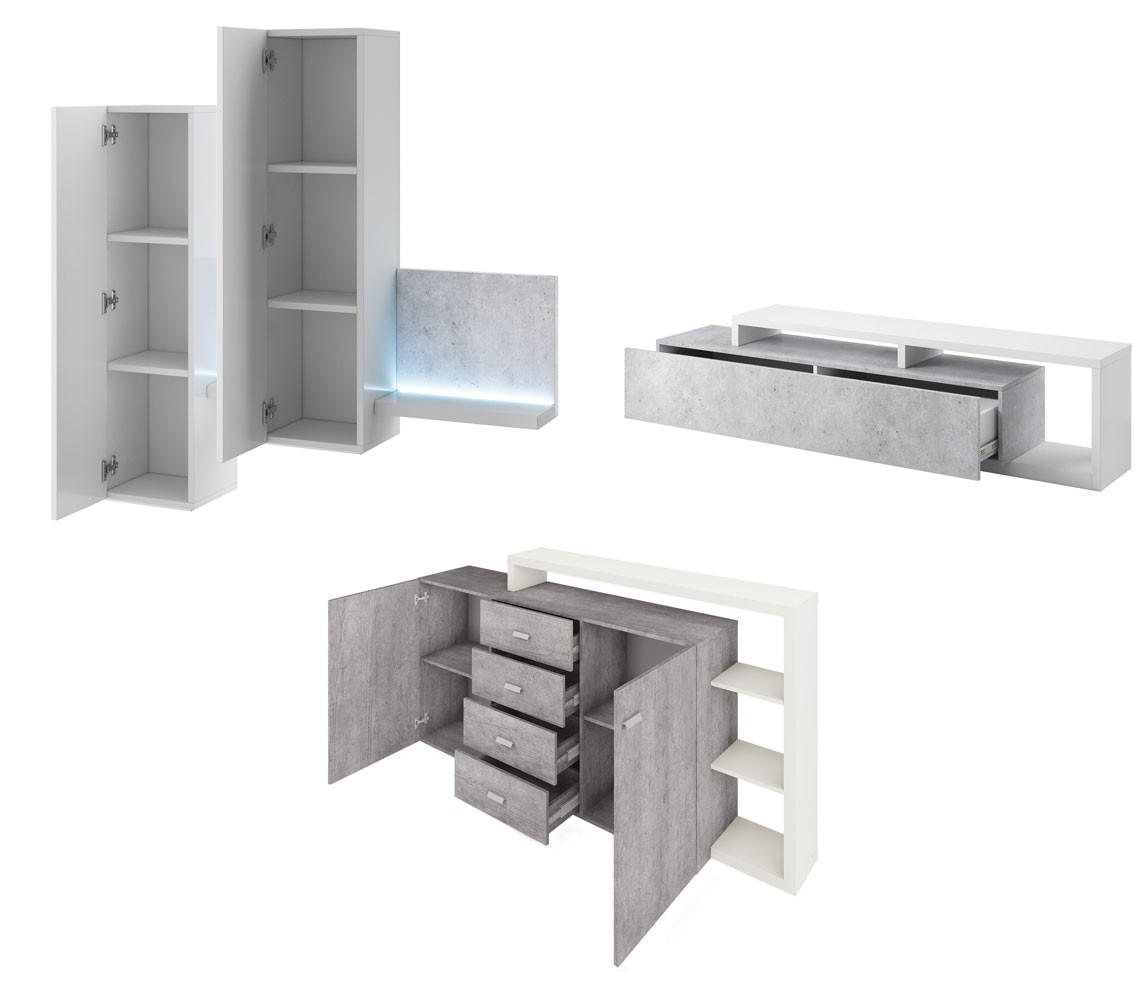 Thumbnail - Feldmann-Wohnen Wohnzimmer-Set, Grau, Kunststoff, 6 Fächer, 5 Schubladen, Rechteckig,Rechteckig, 371x142x60 cm, Wohnzimm...