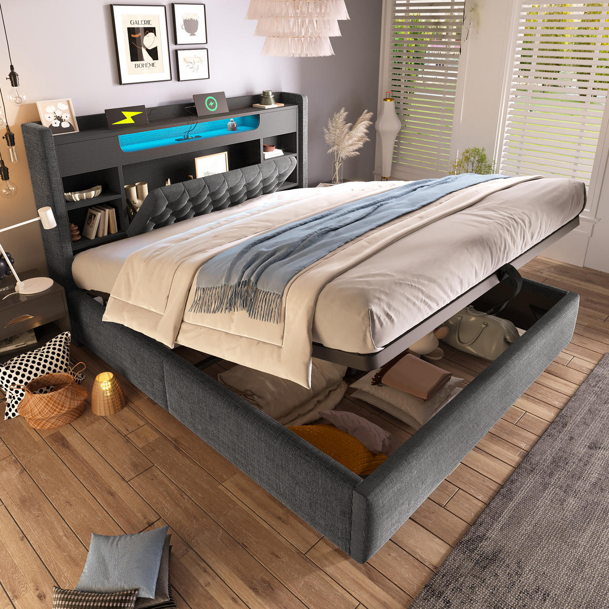 POLSTERBETT 160/200 cm in Grau Leinen mit LED, USB/Type-C und Stauraum - Grau, Holzwerkstoff/Textil (160/200cm) - WISHDOR