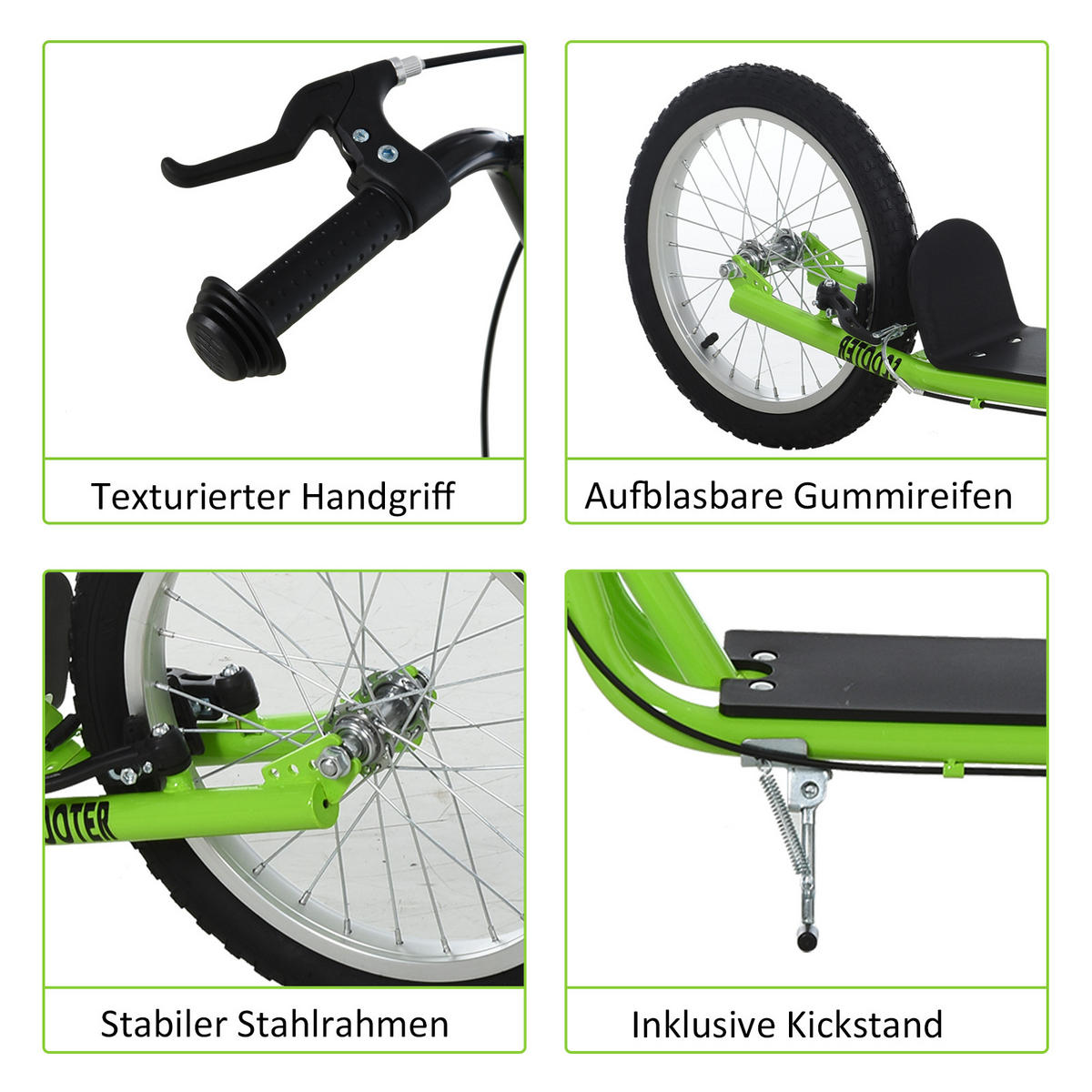 TRETROLLER Scooter Cityroller Kinder Luftreifen Roller verstellbar Alu Grün - Grün, Metall (139/58/96cm) - HOMCOM