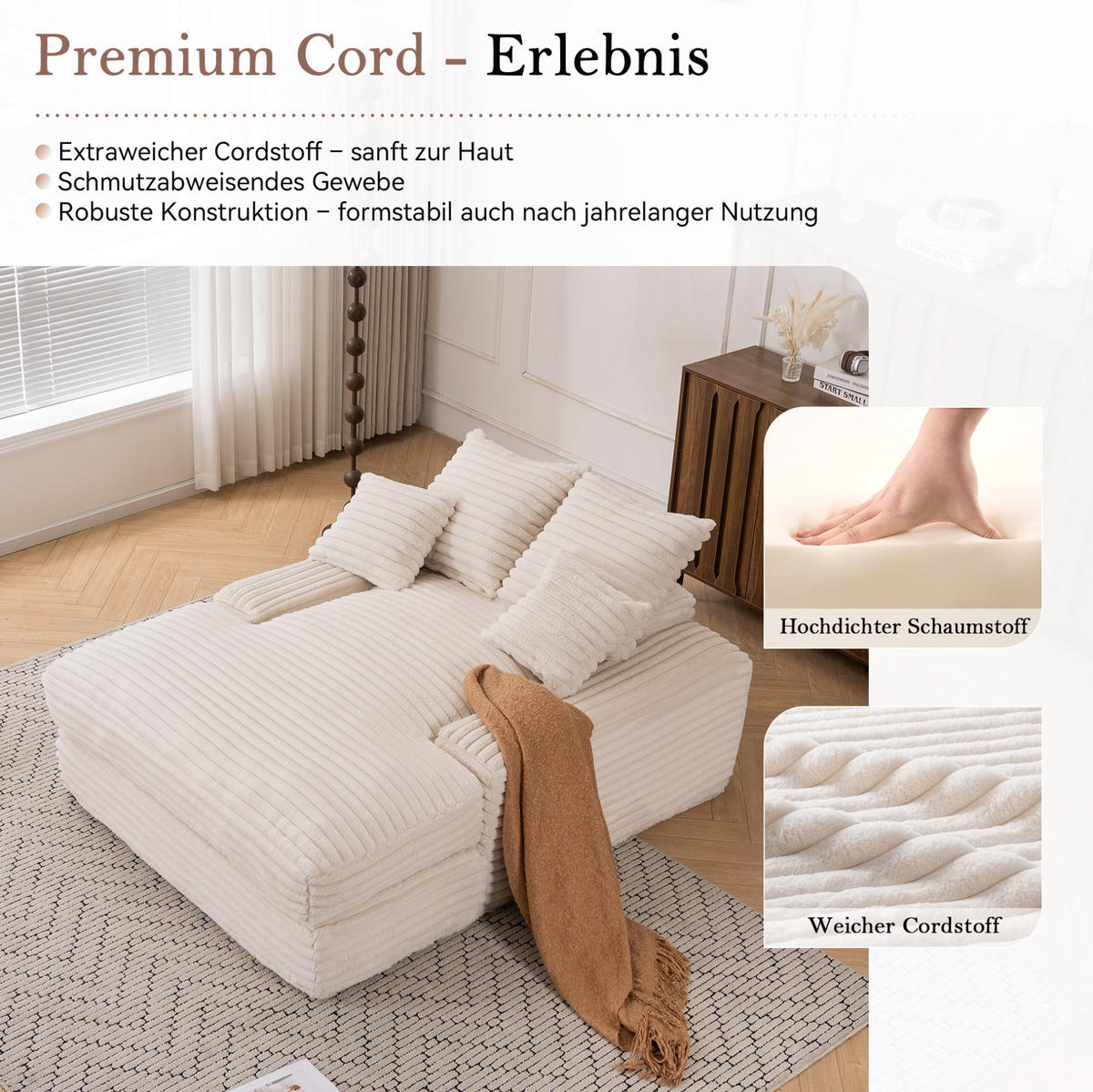 SCHLAFSOFA 137/175 cm in Beige – ohne Montage, mit Cordbezug und 4 Kissen - Beige, Textil (137/63/175cm) - BEAOK