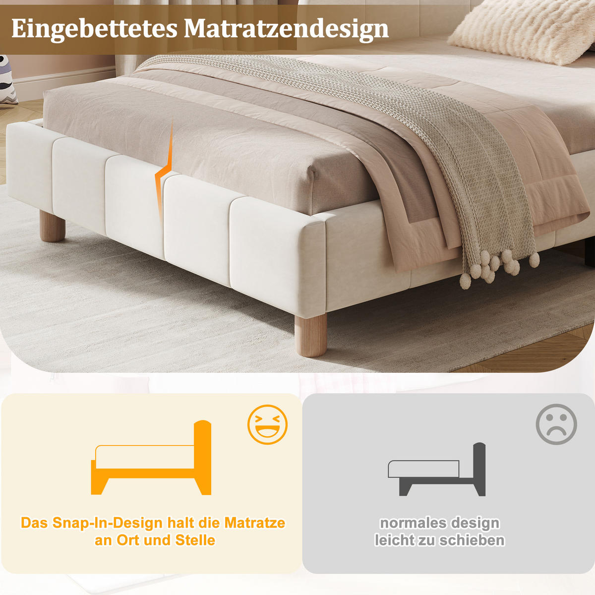 KINDERBETT 90/200 cm in Beige Samt mit Seitenschutz und Taschen - Beige, Holzwerkstoff/Textil (90/200cm) - WISHDOR