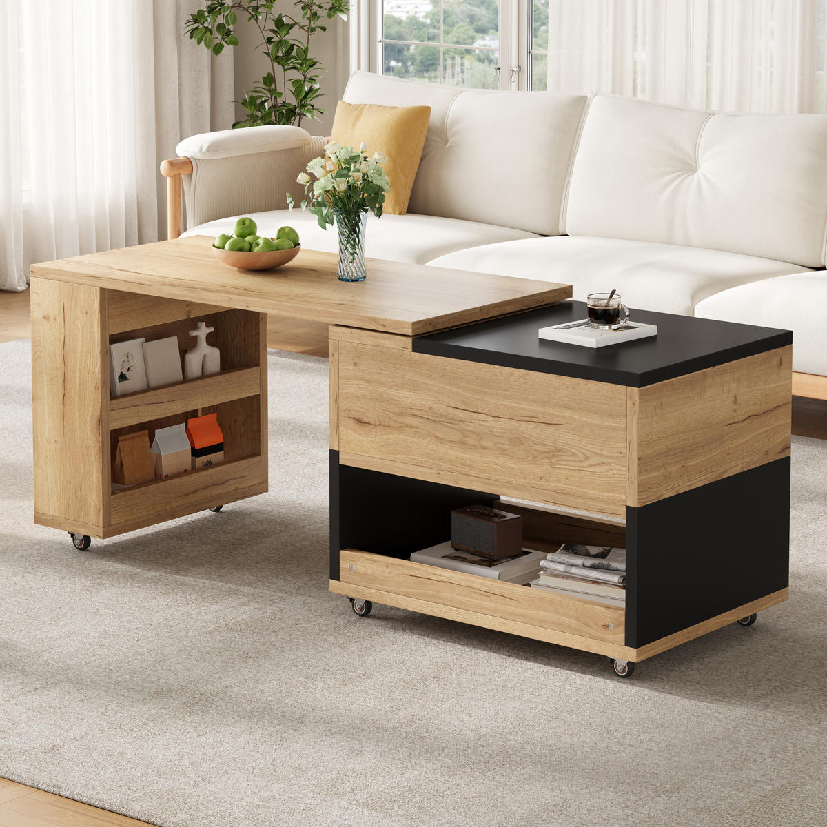 COUCHTISCH 360° drehbar mit Liftfunktion, Stauraum/Rollen, ausziehbar, - Eichefarben/Schwarz, Holz/Kunststoff (50/120/55cm) - LVHOM