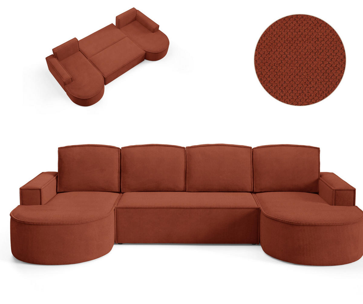 ECKSOFA MOLLY U Freistehendes, mit Schlaffunktion, 140x273cm, Bettkasten und Abnehmbaren Kissen – 316x157x88cm, Curio Stoff, Braun - Rotbraun, Holz/Textil (316/157cm) - DomoHome