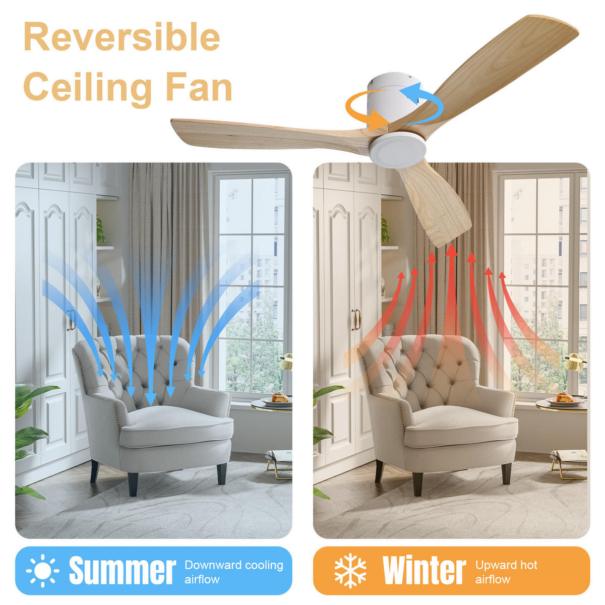 DECKENVENTILATOR DE-16349 132 cm mit 3 Massivholzflügeln & Fernbedienung - Weiß, Holz/Metall (132/132/24.5cm) - ComfortXL