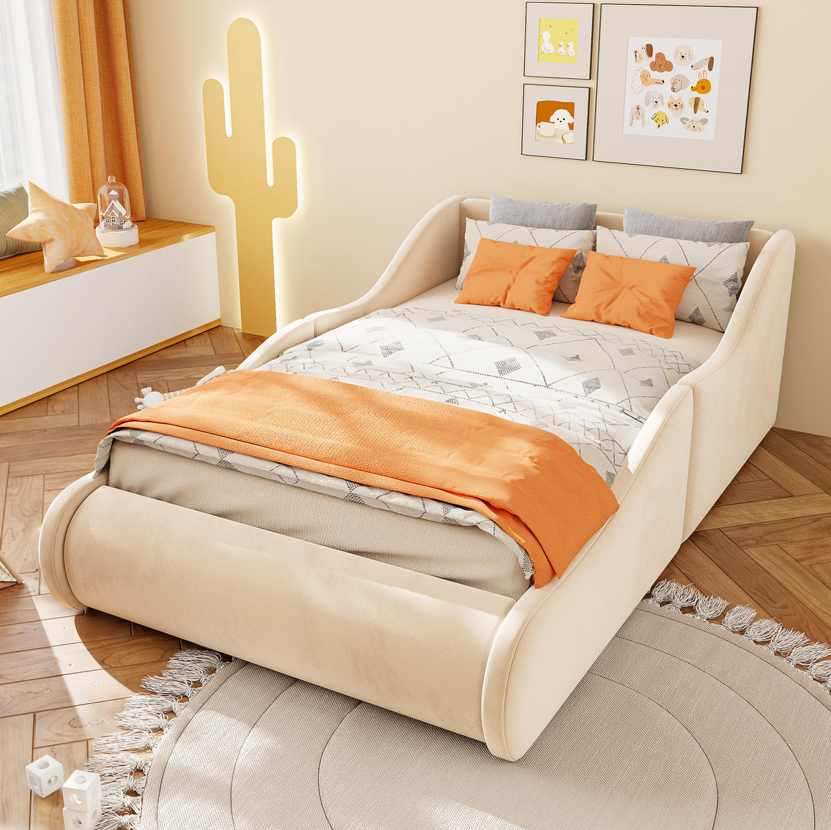 POLSTERBETT 90/200 cm in Beige mit Seitenschutz und gepolstertem Kopfteil - Beige, Textil (90/200cm) - Flora Grace