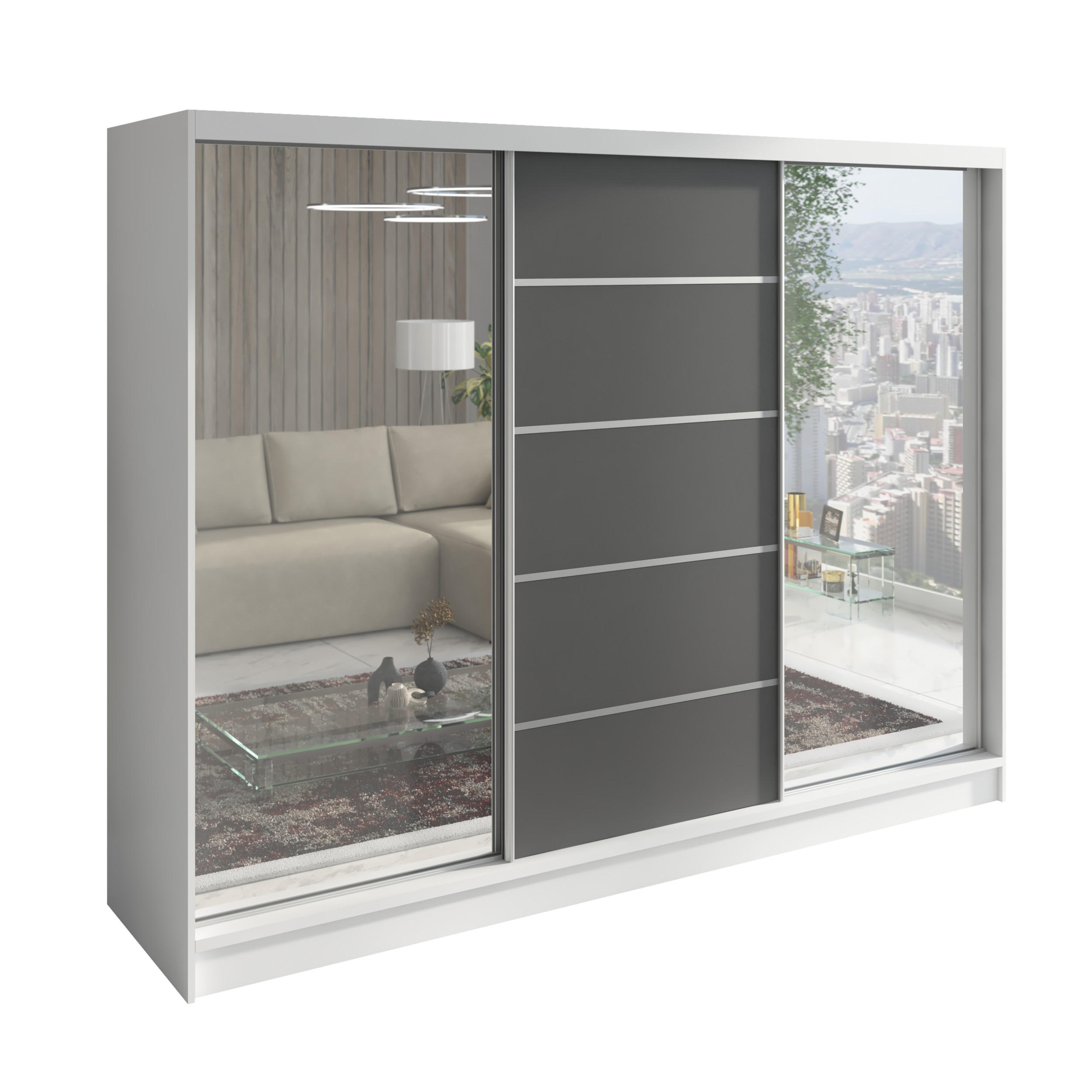 A&J MöbelLand Schwebetürenschrank Weiß, Graphit 200x215x60 cm